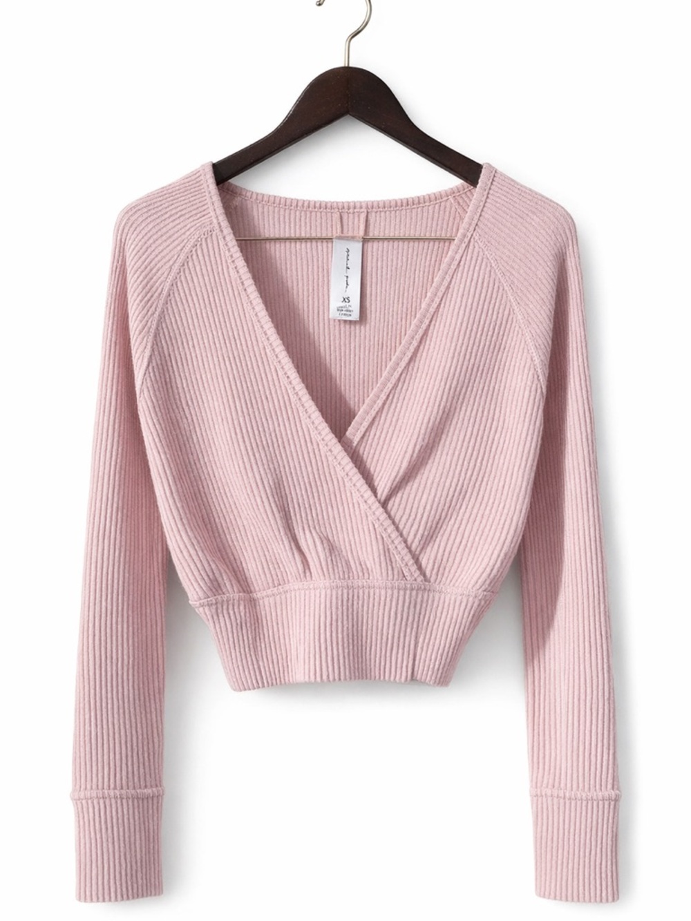 Spiritual Gangster Pink Ribbed Wrap Sweater XS Cropped V Neck Boho Athleisure